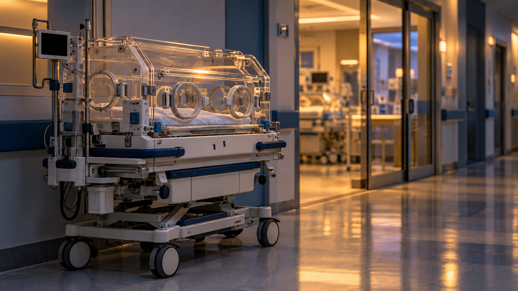 Incubatrice da trasporto neonatale in un corridoio di terapia intensiva